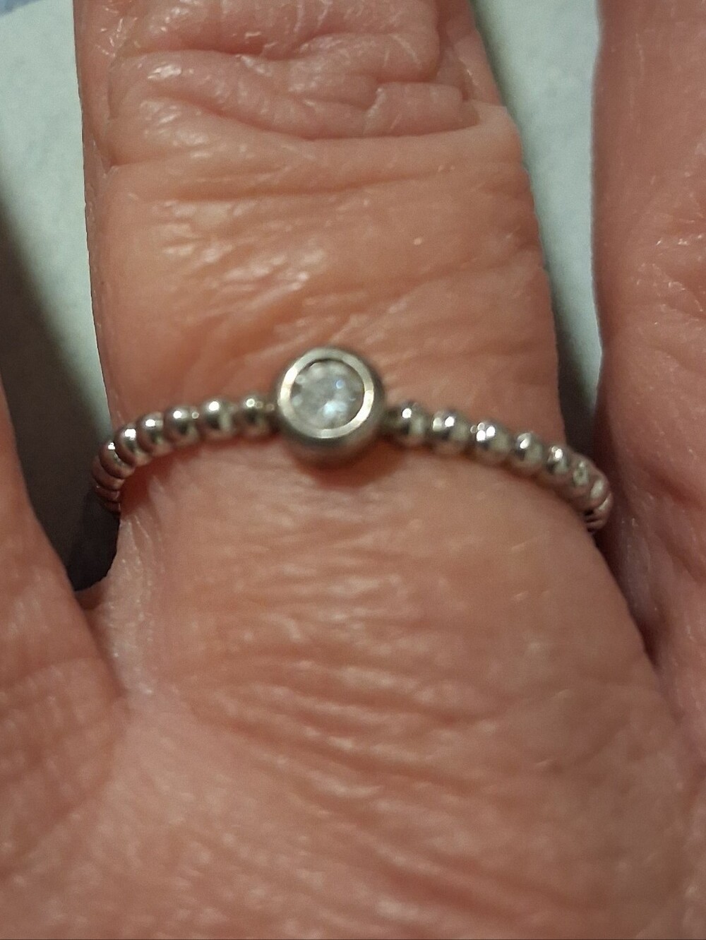 Stackable Sterling Silver Beaded Ring with CZ Stone - Silver SZ 8